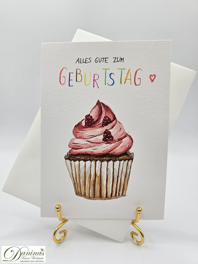 Geburtstagsgrußkarte Aquarell Cupcake mit Himbeeren und "Alles Gute zum Geburtstag"-Handlettering