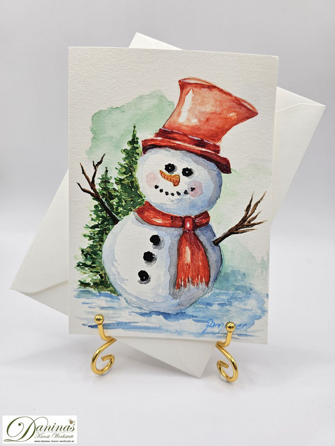 Außergewöhnliche Weihnachtskarte Aquarell Schneemann mit rotem Zylinderhut