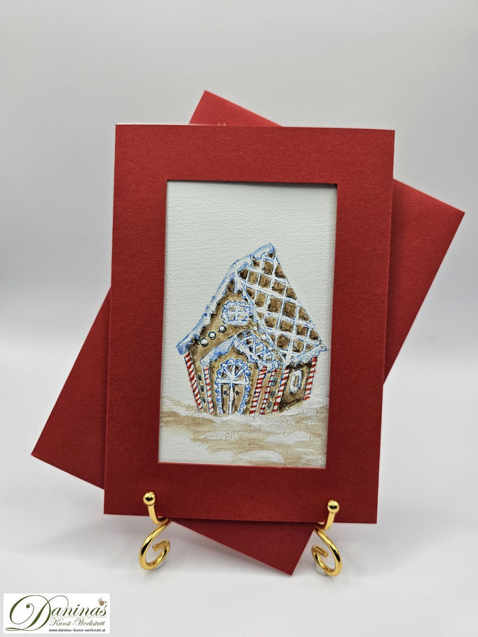 Außergewöhnliche Weihnachtskarte Lebkuchenhaus mit Zuckergußdeko, Aquarellbild lose in Passepartoutkarte