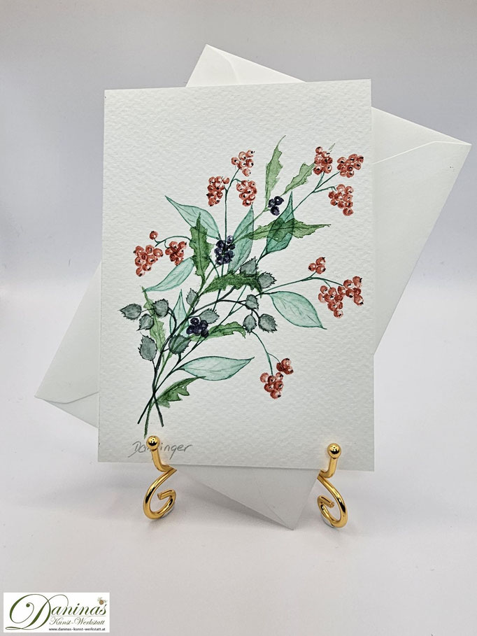 Schöne Geburtstagsgrußkarte gemalt: Aquarellbild mit Zweigen, Beeren und Blättern