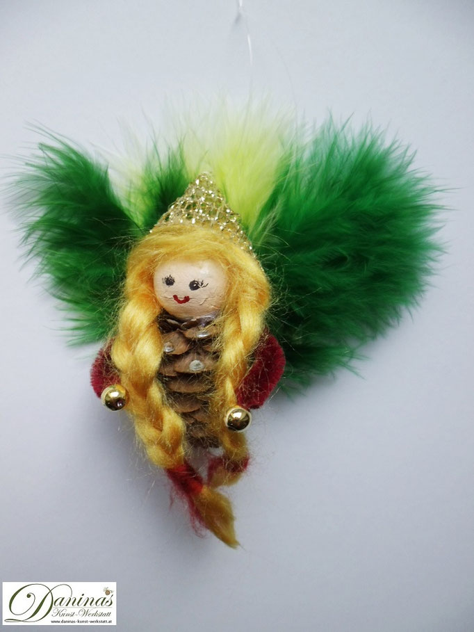Schutzengel Figur Sealiah Goldhaube mit grünen Flügeln aus Federn