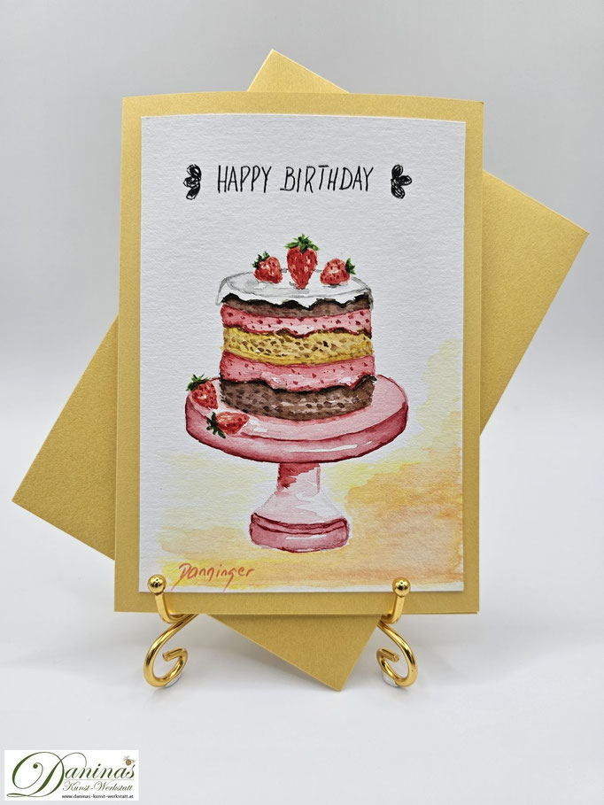 Geburtstagsgrußkarte gemalt Erdbeertorte mit "Happy Birthday"-Handlettering