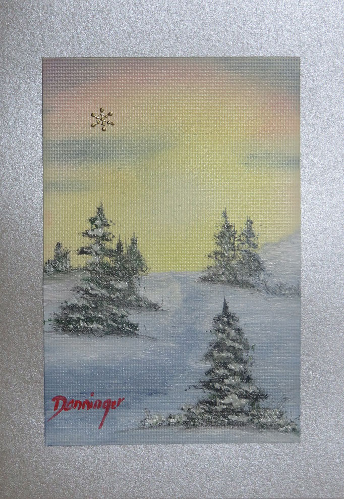 Abendstern am Horizont, Weihnachtskarte mit original Ölbild, Winterlandschaft