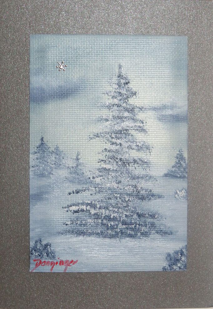 Gemalte Weihnachtsgrußkarte mit original Ölbild "Abend im Fichtenwald", Wintermotiv