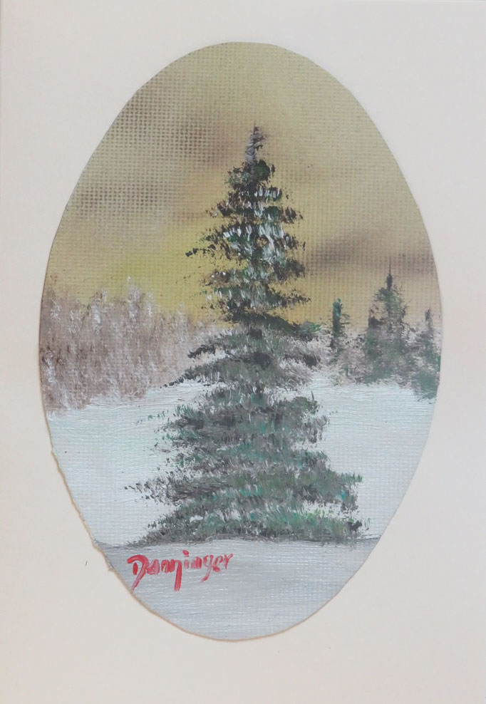 Solitär Fichte, Weihnachtskarte mit original Ölbild, Wintermotiv