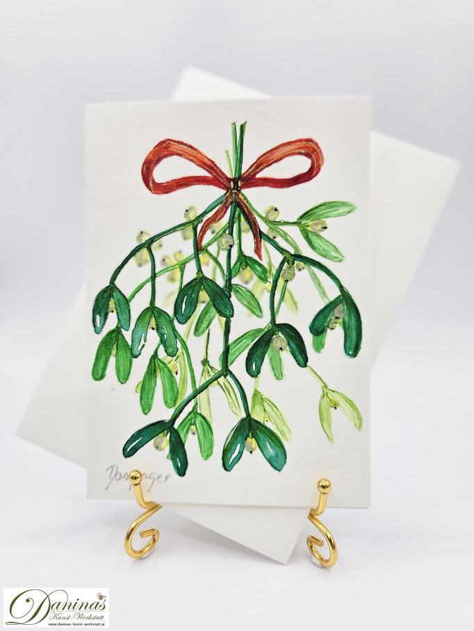 Weihnachtskarte gemalt - Mistelzweig mit roter Schleife