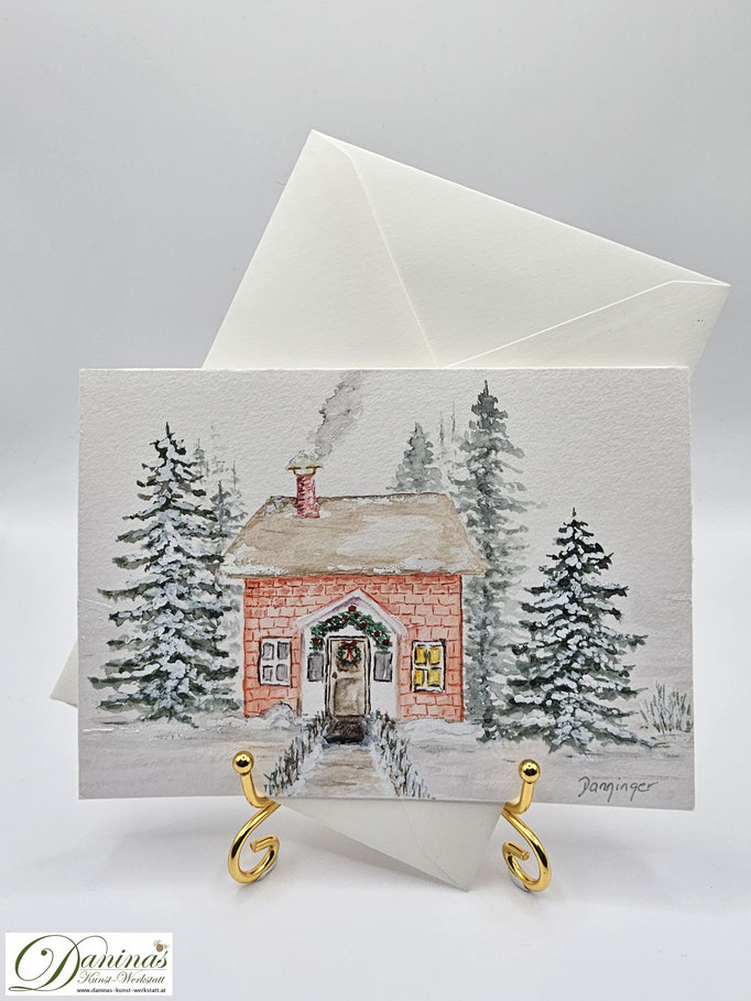 Weihnachtsgrußkarte gemalt Aquarell Häuschen im Wald
