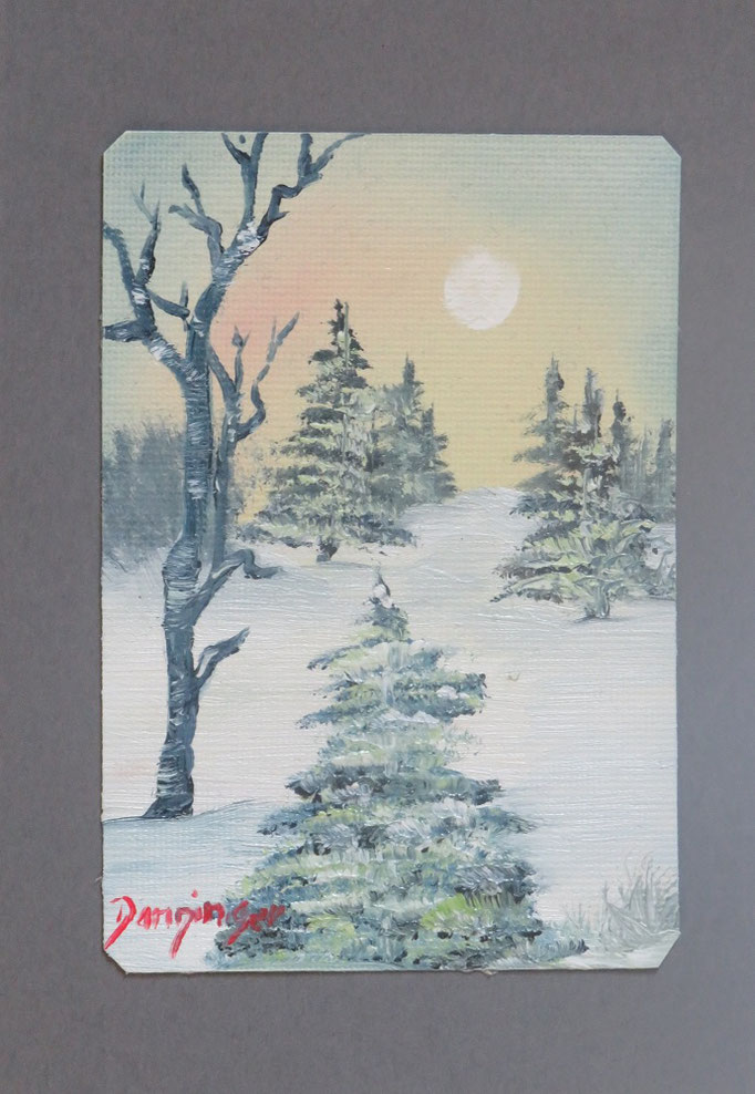 Untergehende Sonne, Weihnachtskarte mit original Ölbild, Wintermotiv