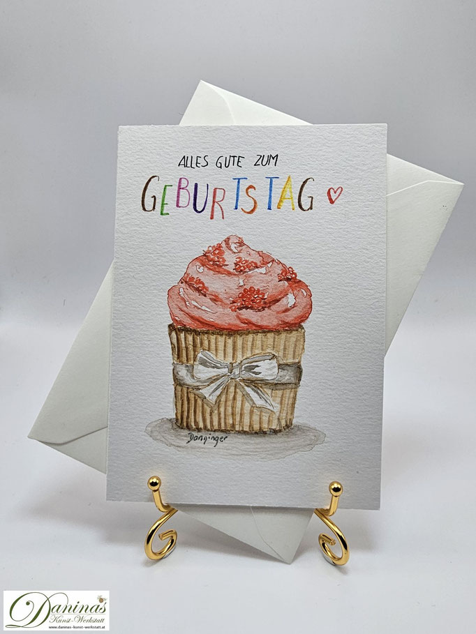 Geburtstagskarte Aquarell Cupcake mit "Alles Gute zum Geburtstag" Handlettering
