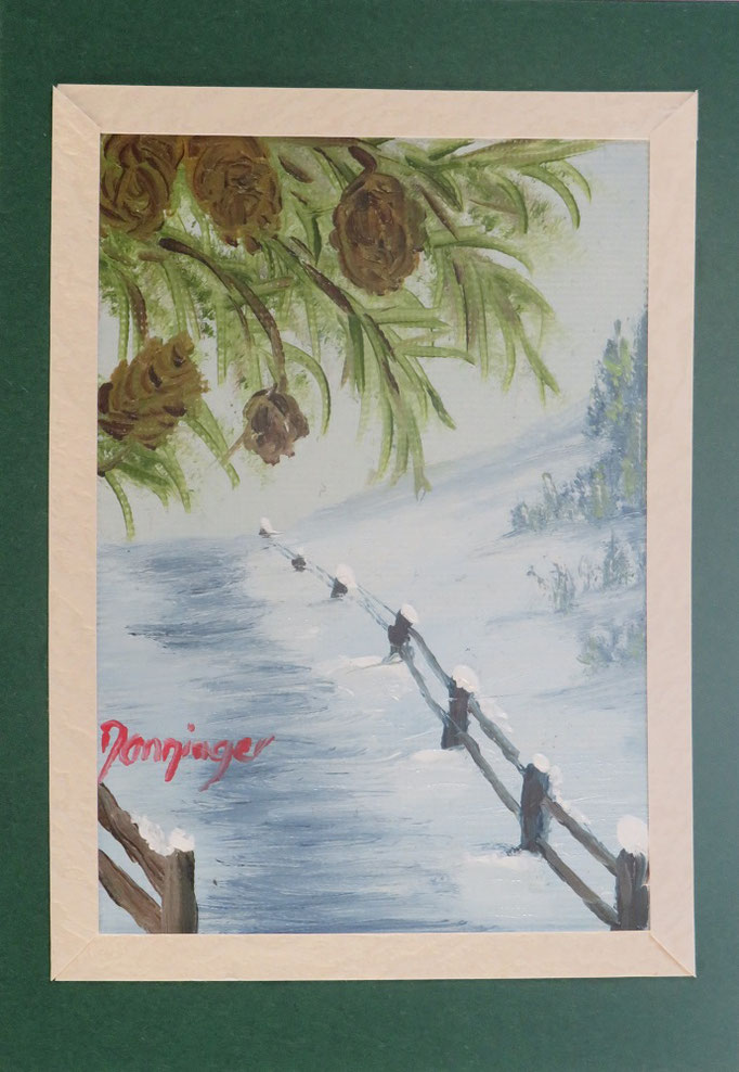 Weg unter Kiefernzapfen, Weihnachtskarte mit original Ölbild, Wintermotiv
