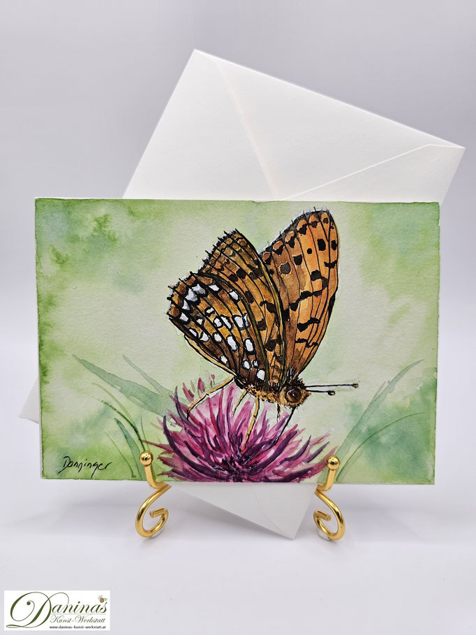 Aquarell Geburtstagsgrußkarte Schmetterling Märzveilchenfalter auf Wiesenblume