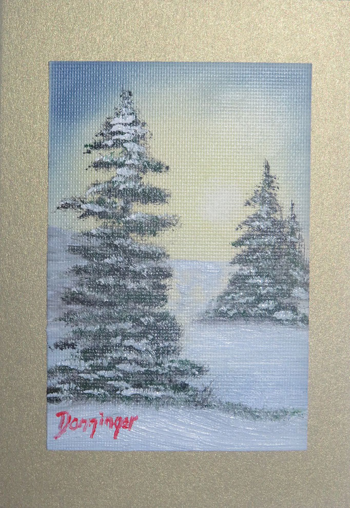 Weihnachtsgrußkarte gemalt mit original Ölbild "Abend Idylle", Winterlandschaft