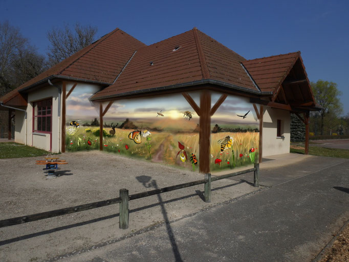 Esquisse de fresque murale extérieure représentant un paysage à Chamesson (21) par Coron Thibaud