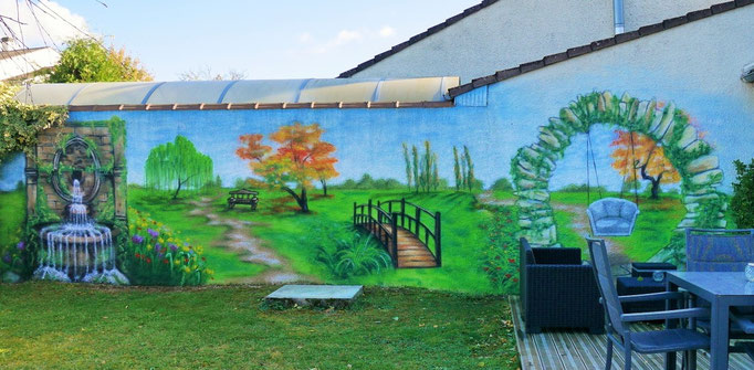 fresque murale extérieure représentant un paysage dans un jardin à Châtillon-sur-seine, Coron Thibaud