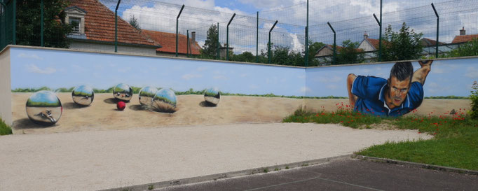 fresque street art représentant la pétanque (ffpjp) au CEF de Châtillon-sur-Seine, Coron Thibaud