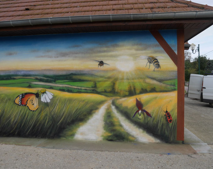 fresque murale , graffiti, paysage, campagne Chamesson (21) par Coron Thibaud