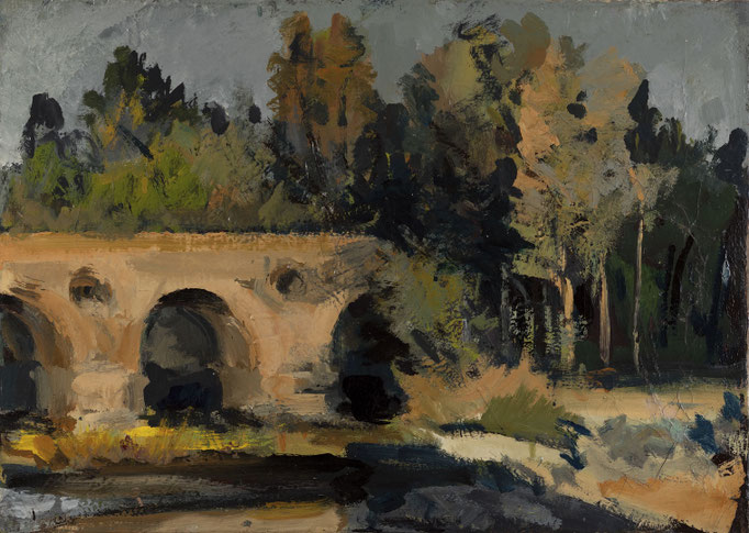 VENDUTO! IL PONTE. tecnica mista su tela cm 50x70 firmato sul verso