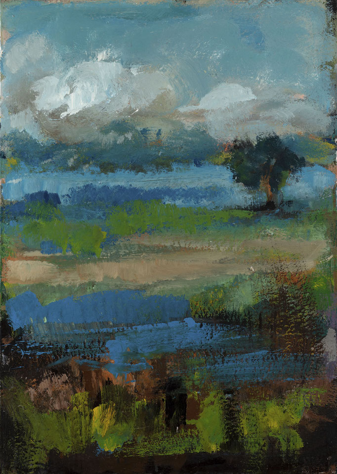 PAESAGGIO AZZURRO. tecnica mista su tela cm 70x50 firmato sul verso