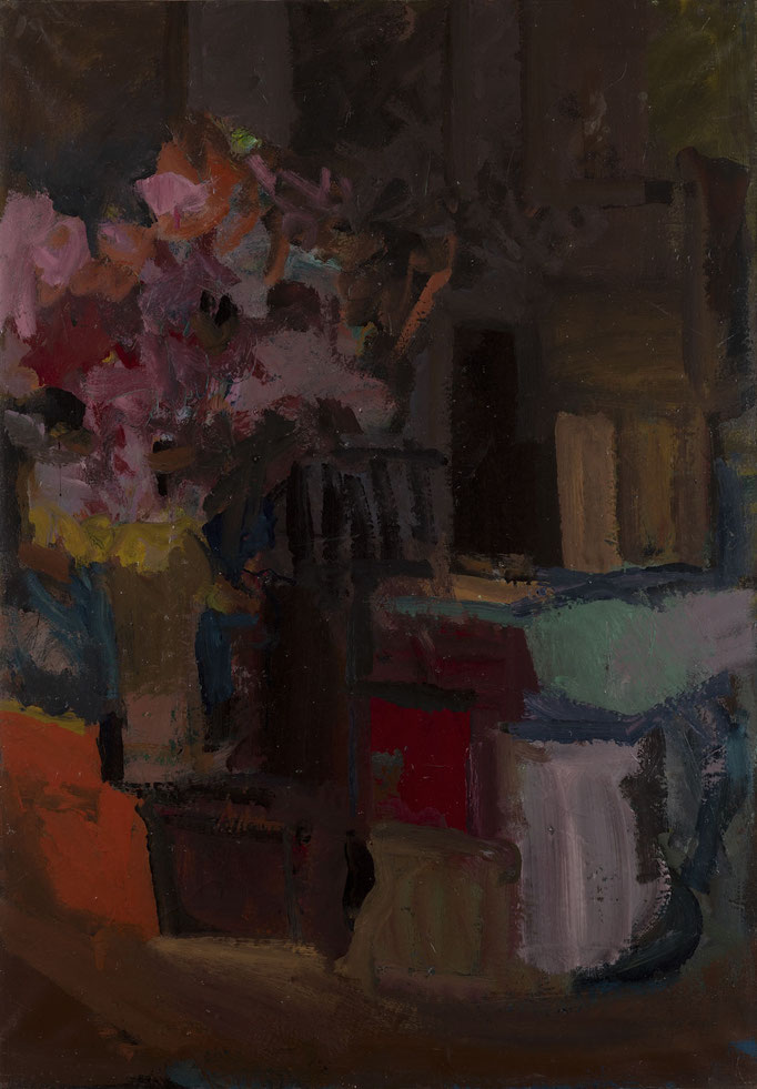 INTERNO CON VASO DI FIORI. tecnica mista su tela cm 100x70. Firmato sul verso 