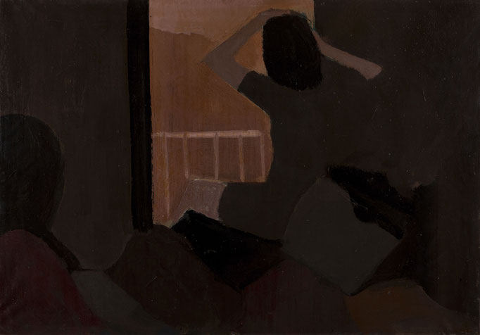 FIGURE FEMMINILI IN UN INTERNO. tecnica mista su tela cm 70x100 firmato sul verso