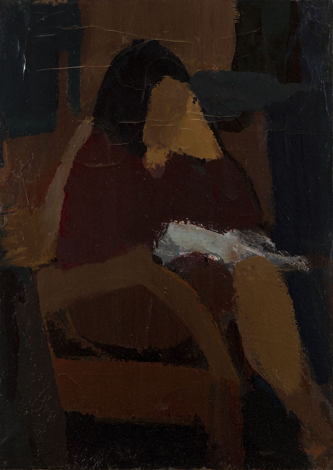 FIGURA FEMMINILE IN UN INTERNO. tecnica mista su tela cm 70x50 firmato sul verso 
