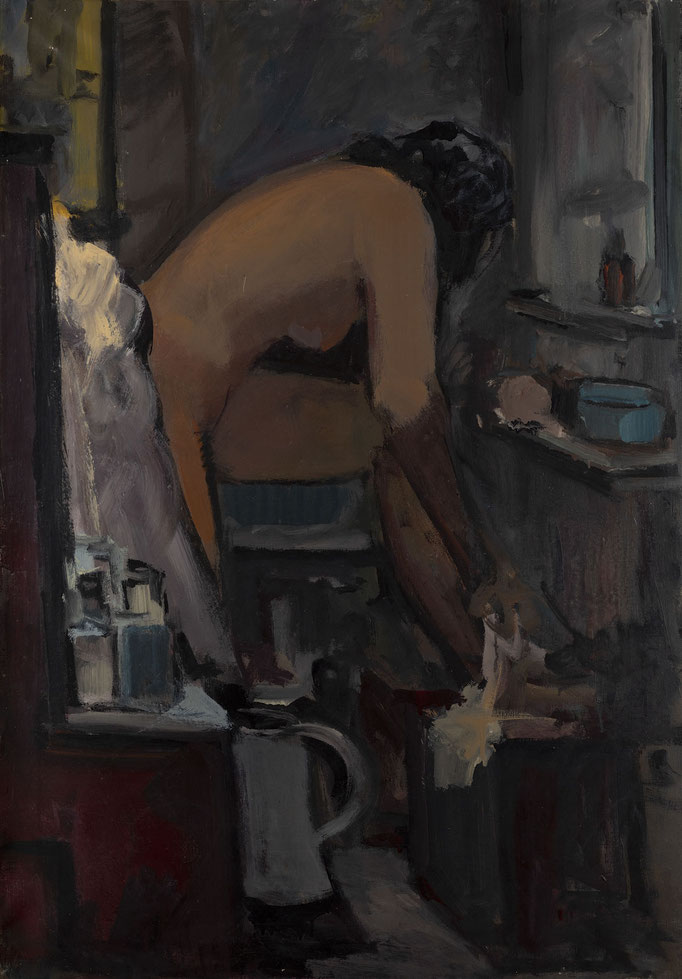 NUDO FEMMINILE IN UN INTERNO. tecnica mista su tela cm 100x70