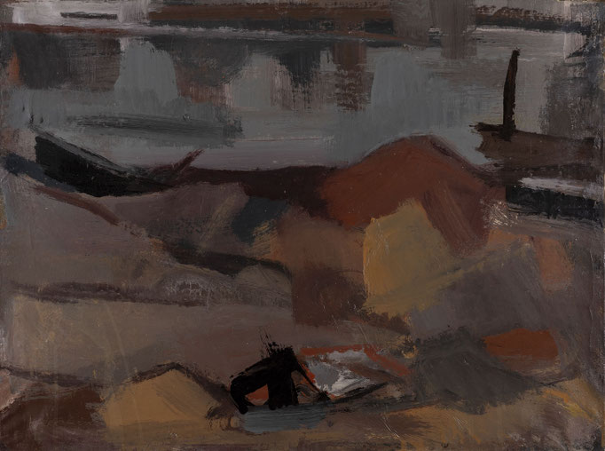 PAESAGGIO LACUSTRE. tecnica mista su tela cm 60x80 firmato sul verso