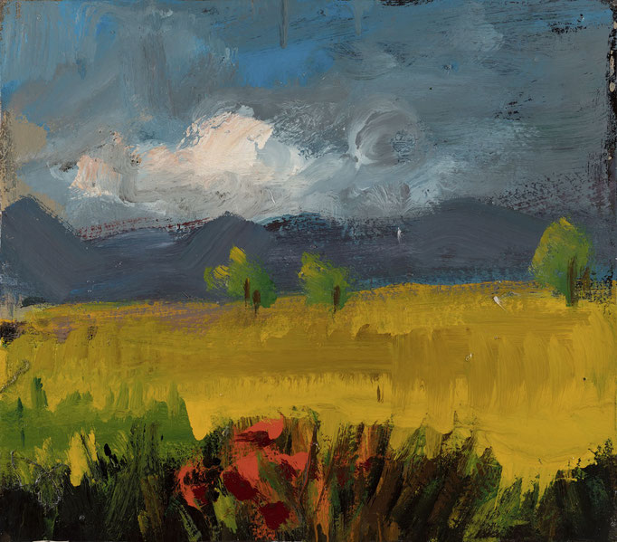 PAESAGGIO GIALLO. tecnica mista su tela cm 35x40 firmato sul verso