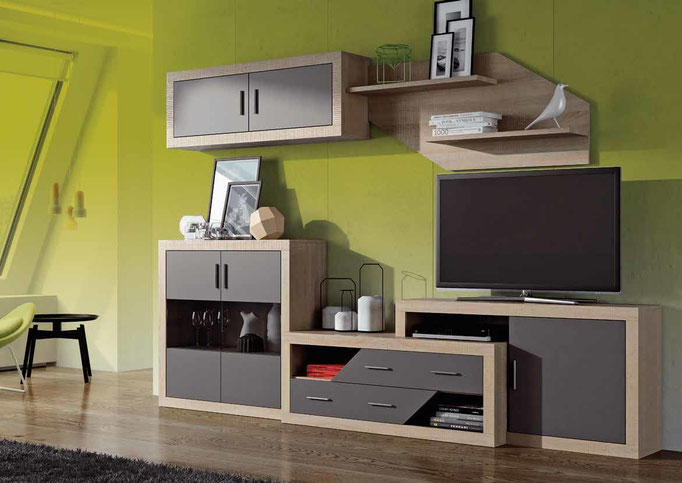 Composición salón 300cm. Combinado en color cambria-grafito. Precio: 484€ COD.LA10. Precio valido para recogida en tienda en formato kit.