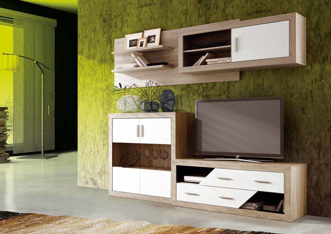 Composición salón 240cm. Combinado en color cambria-blanco. Precio: 398€ COD.LA03. Precio valido para recogida en tienda en formato kit.
