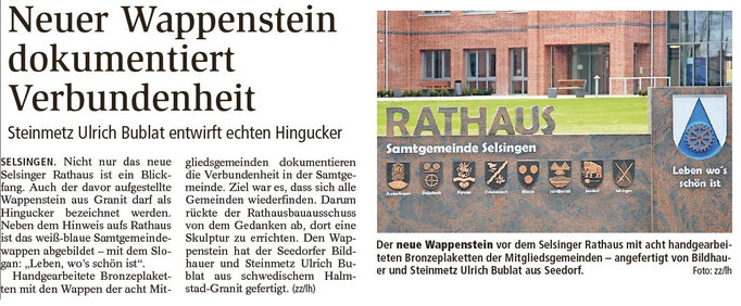 Rathaus Selsingen - Wappenstein dokumentiert Verbundenheit - Grabmale Bublat 