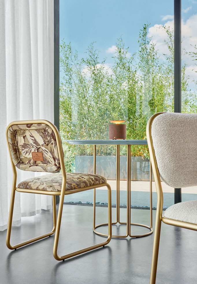 Piping chair designed by Luca Tornaghi for Etro Home, dining chair with tubular metal structure and upholstered backrest shell