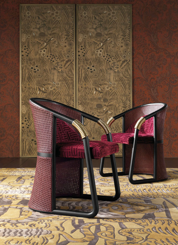 Hamar armchair designed by Luca Tornaghi for Etro Home, upholstered armchair with curved tubular frame and woven backrest structure