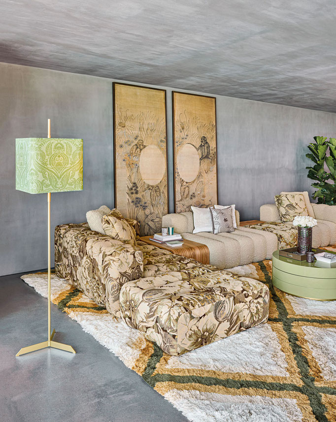 Ratio sectional sofa designed by Luca Tornaghi for Etro Home, modular sectional sofa with low horizontal profile and flexible lounge configuration