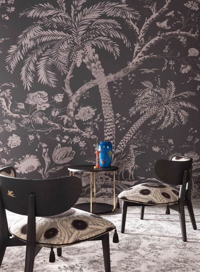 Shah armchair designed by Luca Tornaghi for Etro Home, dining armchair with solid wood backrest structure and upholstered seat cushion
