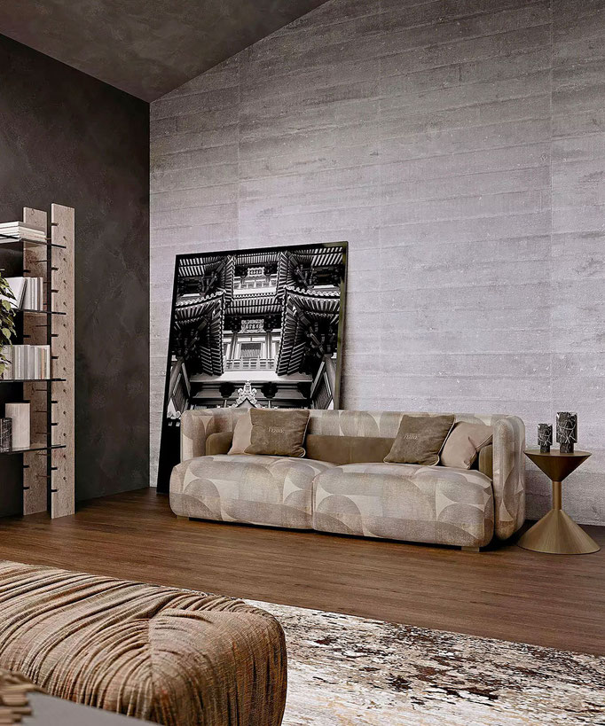 Malcom sofa designed by Luca Tornaghi for Gianfranco Ferré Home, upholstered sofa with geometric stitched surface pattern
