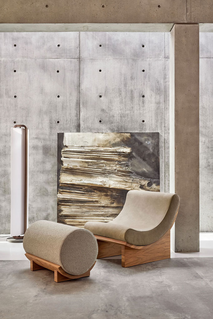 Maki armchair and pouf designed by Luca Tornaghi for Gianfranco Ferré Home, upholstered lounge armchair with matching cylindrical pouf
