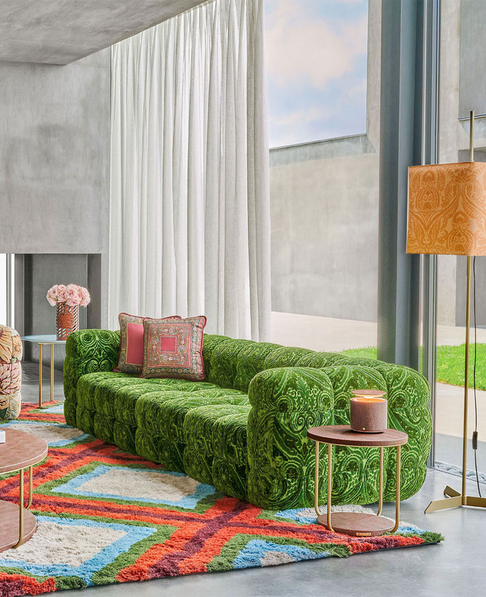 Quiltana sofa designed by Luca Tornaghi for Etro Home, upholstered sofa with quilted modular structure and continuous seating volume