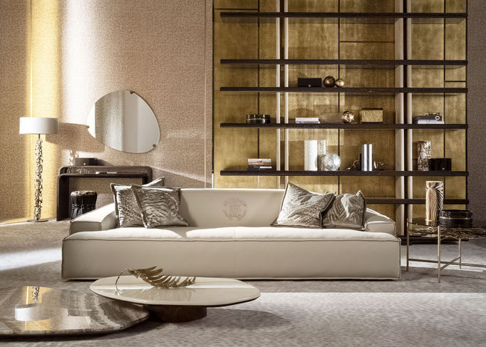 Assal sofa by Luca Tornaghi for Roberto Cavalli Home, upholstered sofa with low continuous seat and soft rounded volumes