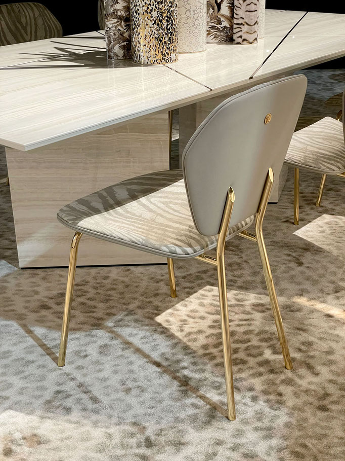 Teide chair designed by Luca Tornaghi for Roberto Cavalli Home, dining chair with tapered metal legs and upholstered curved backrest