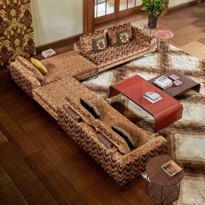 Ease sectional sofa designed by Luca Tornaghi for Etro Home, modular sofa system with low profile seating and flexible lounge configuration