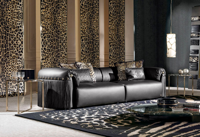 Malawi sofa designed by Luca Tornaghi for Roberto Cavalli Home, leather sofa with integrated fringe detailing and linear architectural silhouette
