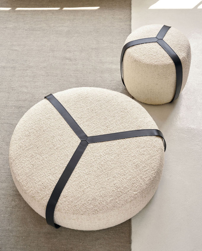 Brooklyn pouf designed by Luca Tornaghi for Gianfranco Ferré Home, round upholstered pouf with leather strap detail