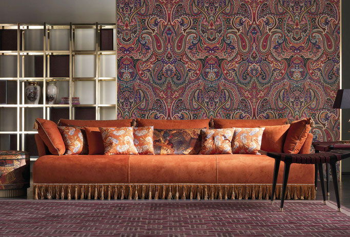 Mauritania sofa designed by Luca Tornaghi for Etro Home, upholstered sofa with continuous seat volume and decorative fringe detailing