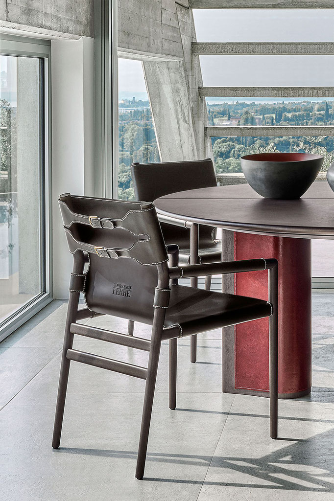 Montreaux chair designed by Luca Tornaghi for Gianfranco Ferré Home, dining chair with leather backrest strap detail