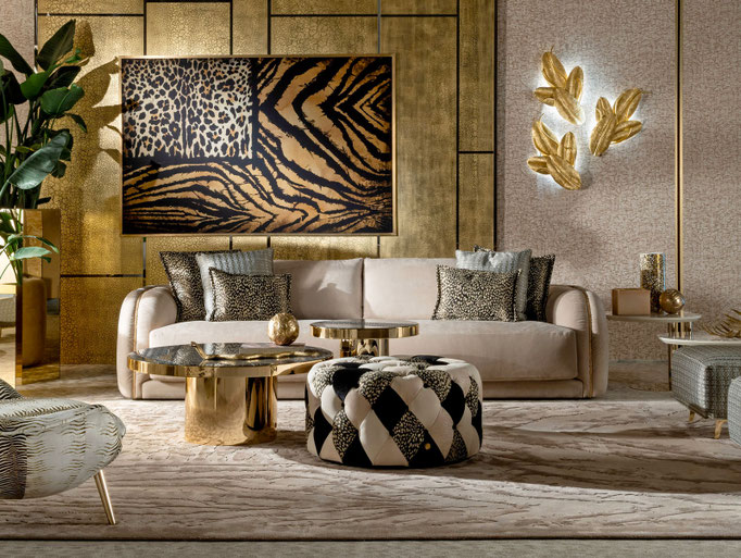 Kruger sofa designed by Luca Tornaghi for Roberto Cavalli Home, upholstered sofa with compact proportions and structured cushioning