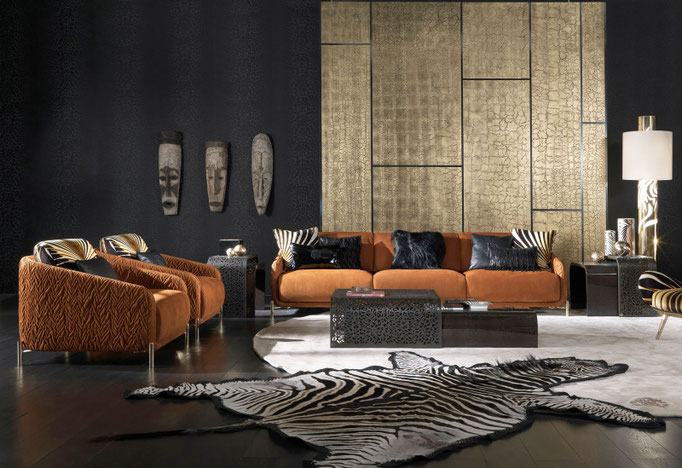 Clifton seating collection designed by Luca Tornaghi for Roberto Cavalli Home, modular upholstered seating system with layered cushions and metal detailing