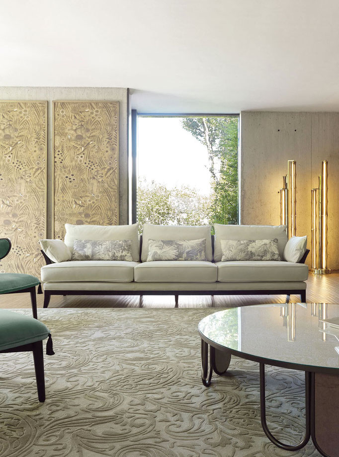 Ceylon sofa designed by Luca Tornaghi for Etro Home, upholstered sofa with linear wooden base and textile cushions with decorative piping