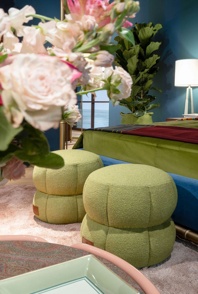 Quiltana pouf designed by Luca Tornaghi for Etro Home, upholstered pouf with quilted modular geometry and compact sculptural form