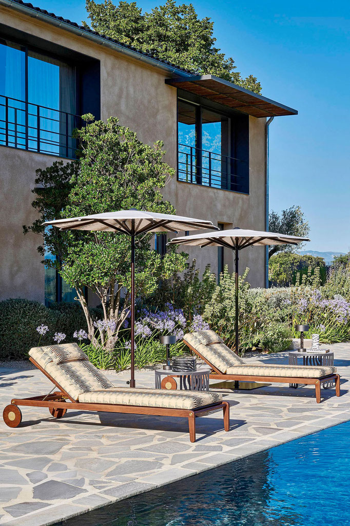 Capoverde sunbeds designed by Luca Tornaghi for Roberto Cavalli Home, solid wood outdoor loungers with adjustable backrest and animalier upholstered surface